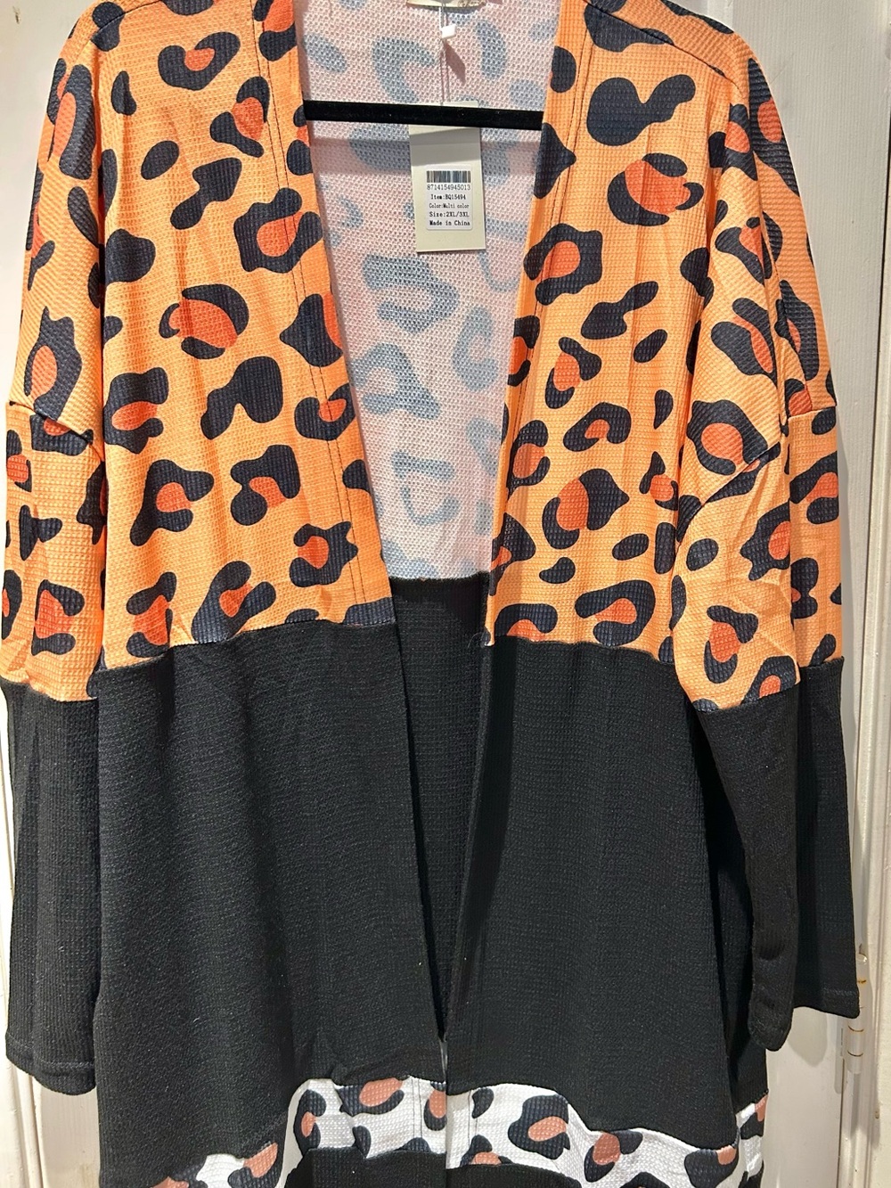 Waffle Knit Leopard Colorblock Open Cardigan - Orange/Black